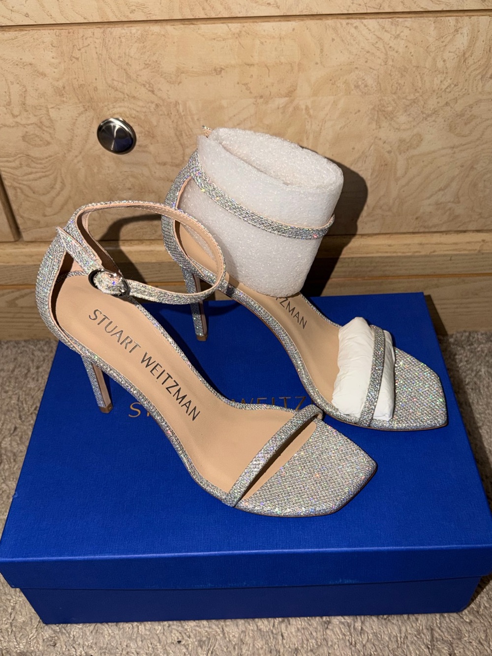 BRAND NEW. 38 Stuart Weitzman Sparkling Silver Ankle-Strap Heels